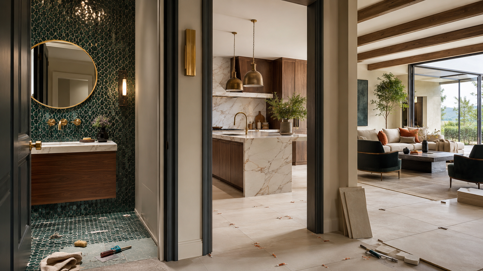 Luxury powder room, kitchen, and living area shown at different stages of tile installation.