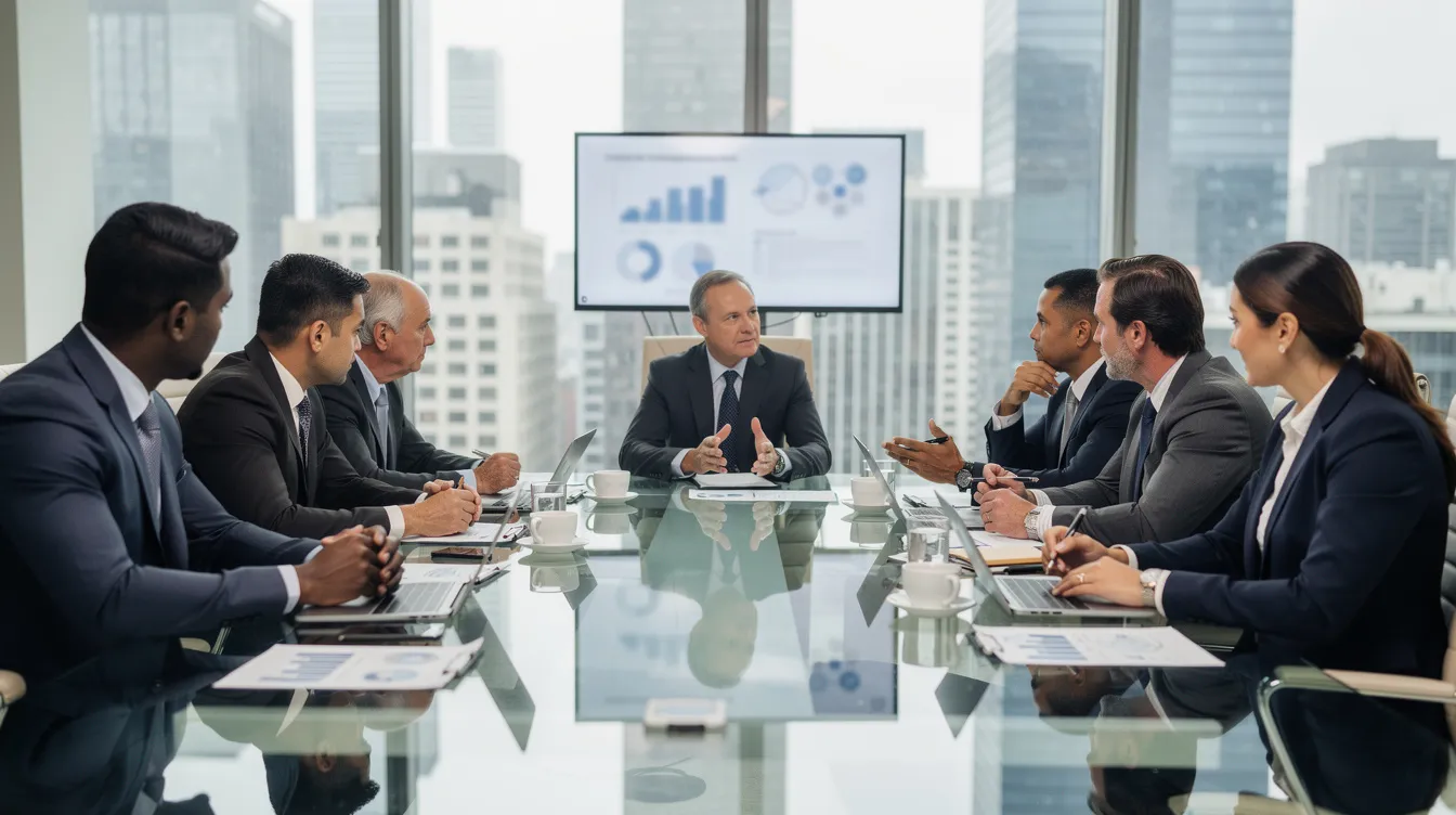 The image depicts a diverse group of business professionals, including men and women of various ethnicities, seated around a large boardroom table, engaged in a serious discussion about corporate governance matters. They appear focused and collaborative, reflecting the importance of strong governance structures in both public and private companies.