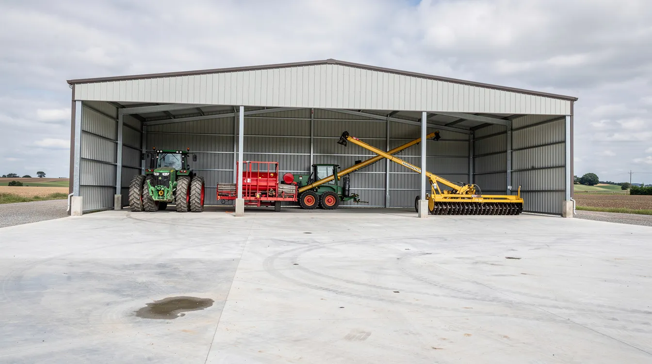 The image depicts a large rural machinery shed featuring extensive concrete flooring, designed to accommodate various agricultural equipment. This commercial property showcases the durability and quality of concrete resurfacing, reflecting a commitment to superior finish and reliable service in the agricultural industry.