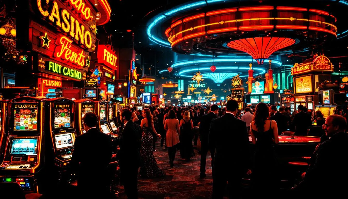Een overzicht van een casino zonder Cruks met klassieke fruitautomaten op de achtergrond.