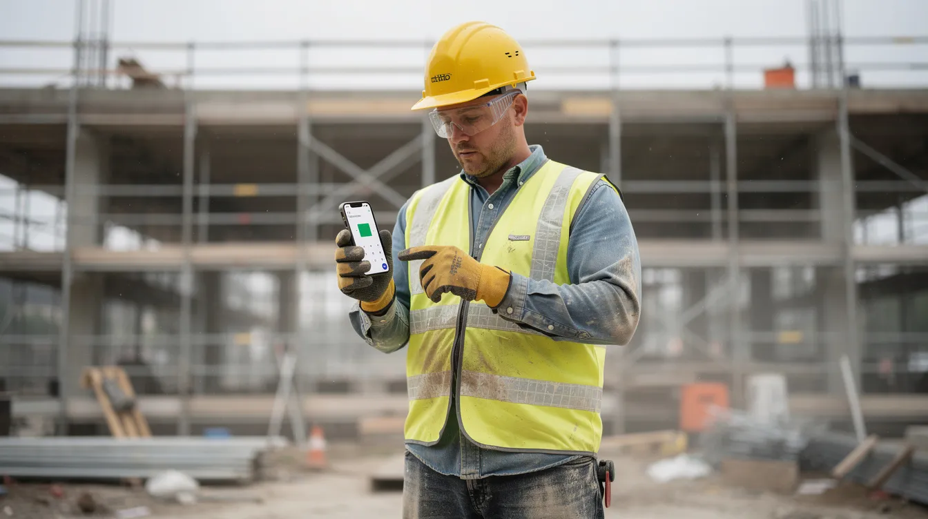 An apprentice in safety gear logging his hours on a smartphone at a job site using best apprenticeship management software.
