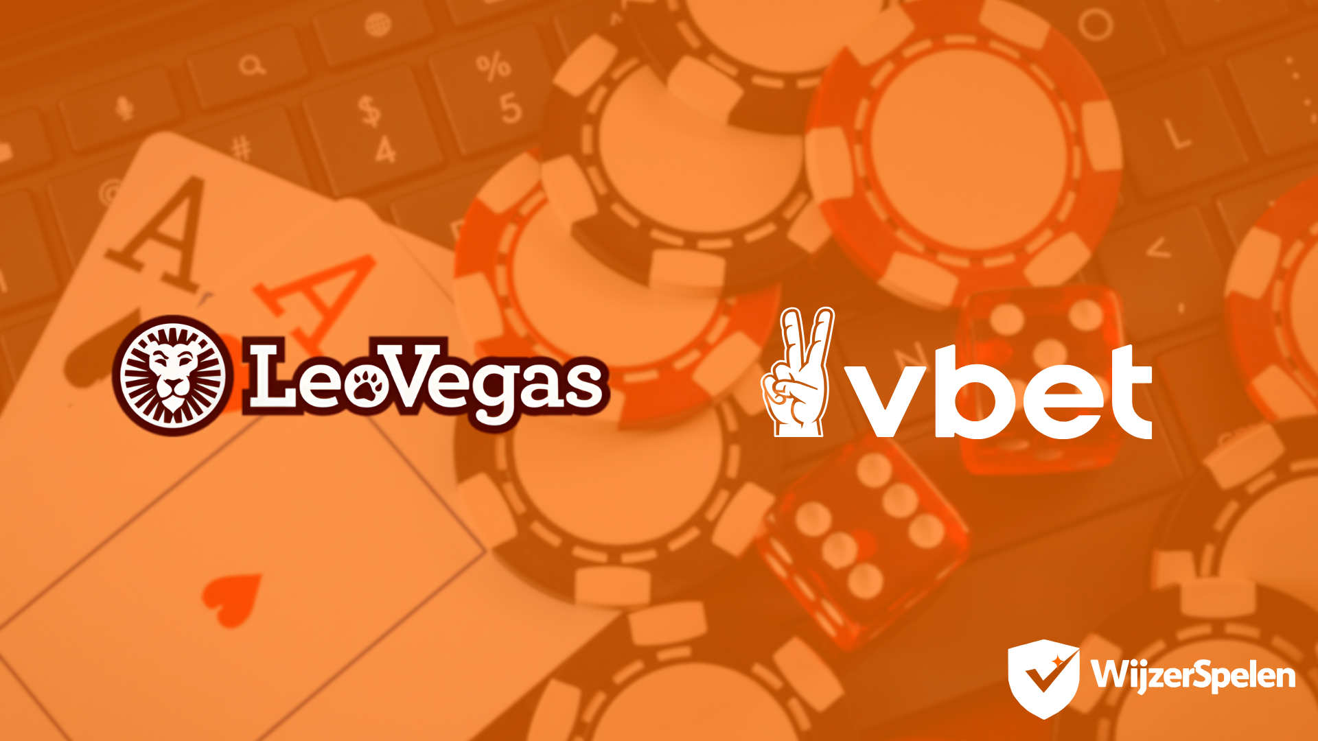 Logo’s van LeoVegas en vbet op een oranje achtergrond met speelkaarten, pokerchips en dobbelstenen, illustratie voor online casino’s en bookmakers.