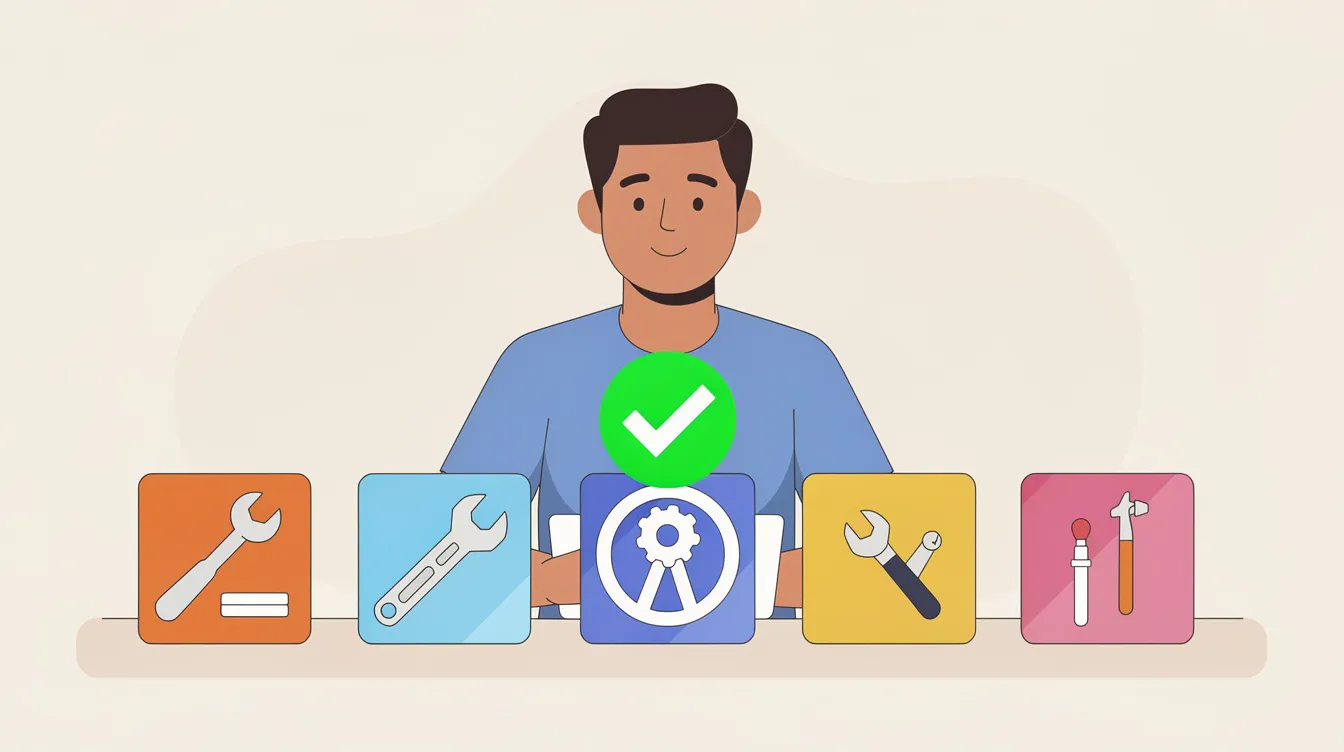 The image depicts a confident creator selecting a tool from a variety of options, with a green checkmark indicating their choice. This illustration symbolizes the ease of using the Podia platform for online courses and digital downloads, showcasing user-friendly tools for building a professional website and marketing digital products.