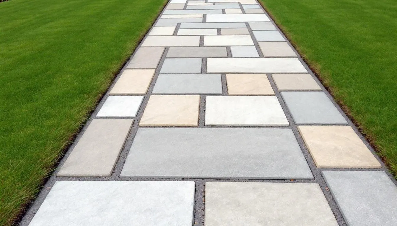 Natural stone paving slabs laid out in a garden pathway.