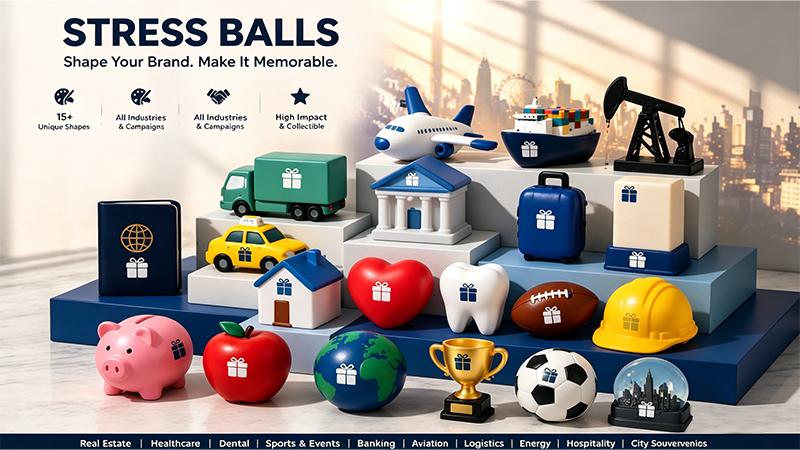 Industry-shaped promotional stress balls including house, heart, tooth, football, hard hat, piggy bank, and apple designs