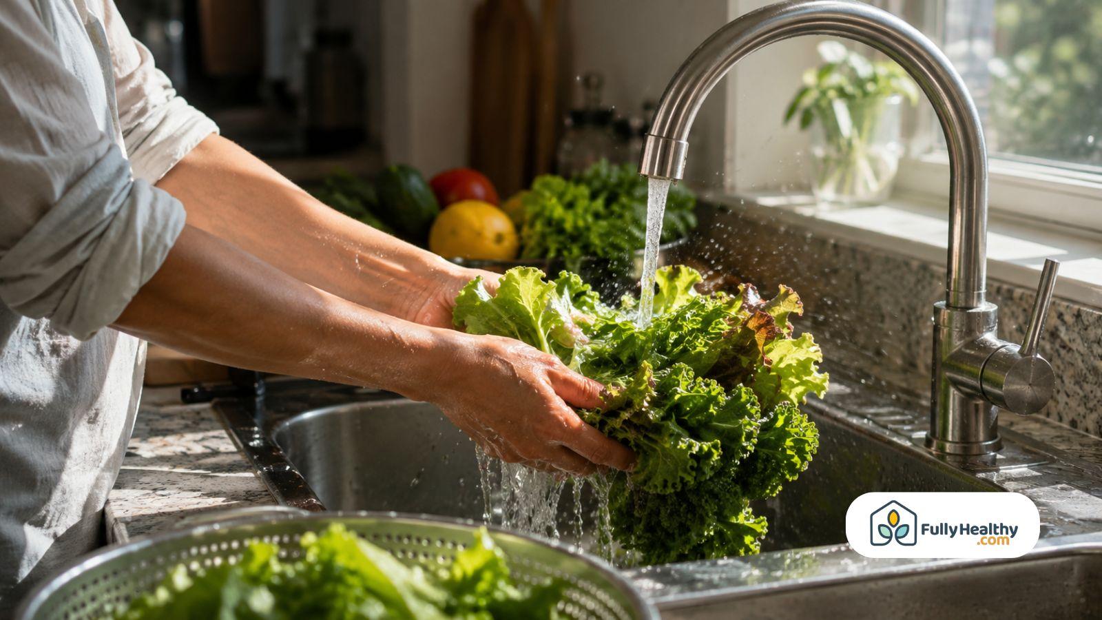 Washing leafy vegetables under running water before kosher food preparation and inspection.
