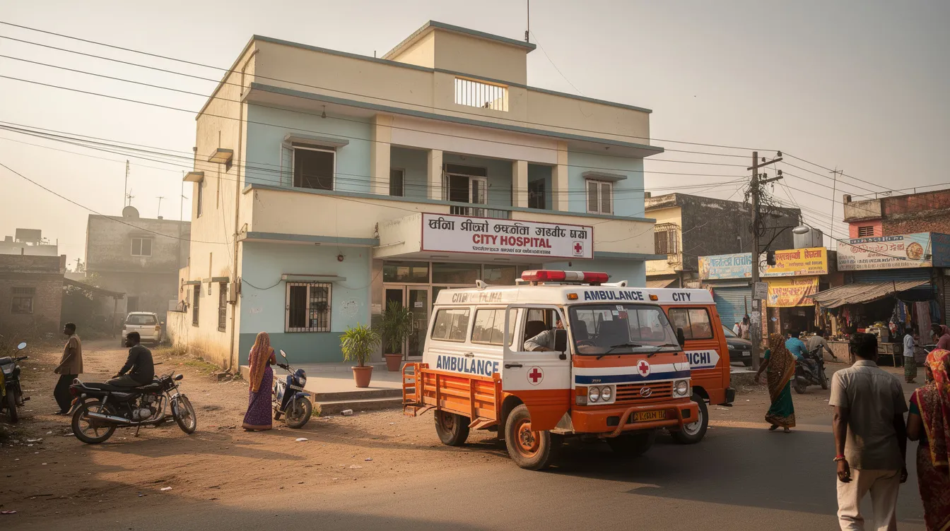 The image depicts a small multi-storey hospital building located in an Indian town, with an ambulance parked at the entrance, symbolizing the availability of emergency services and quality medical services. This facility is part of ongoing healthcare projects aimed at improving medical infrastructure and patient care in the area.