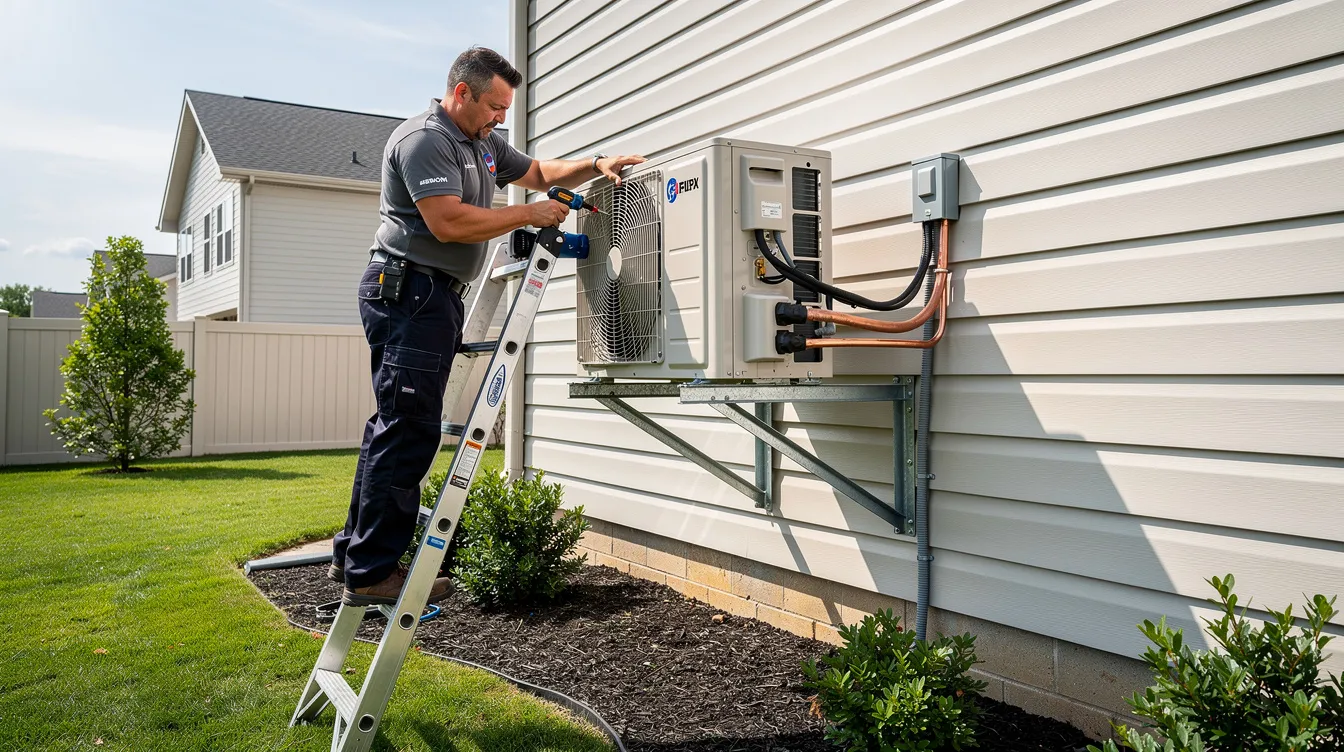 A professional HVAC technician in uniform is installing an energy-efficient outdoor condenser unit on wall brackets outside a residential home, ensuring reliable air conditioning for comfortable indoor temperatures. The technician is focused on providing effective solutions for customers by working with popular brands like Samsung and LG.