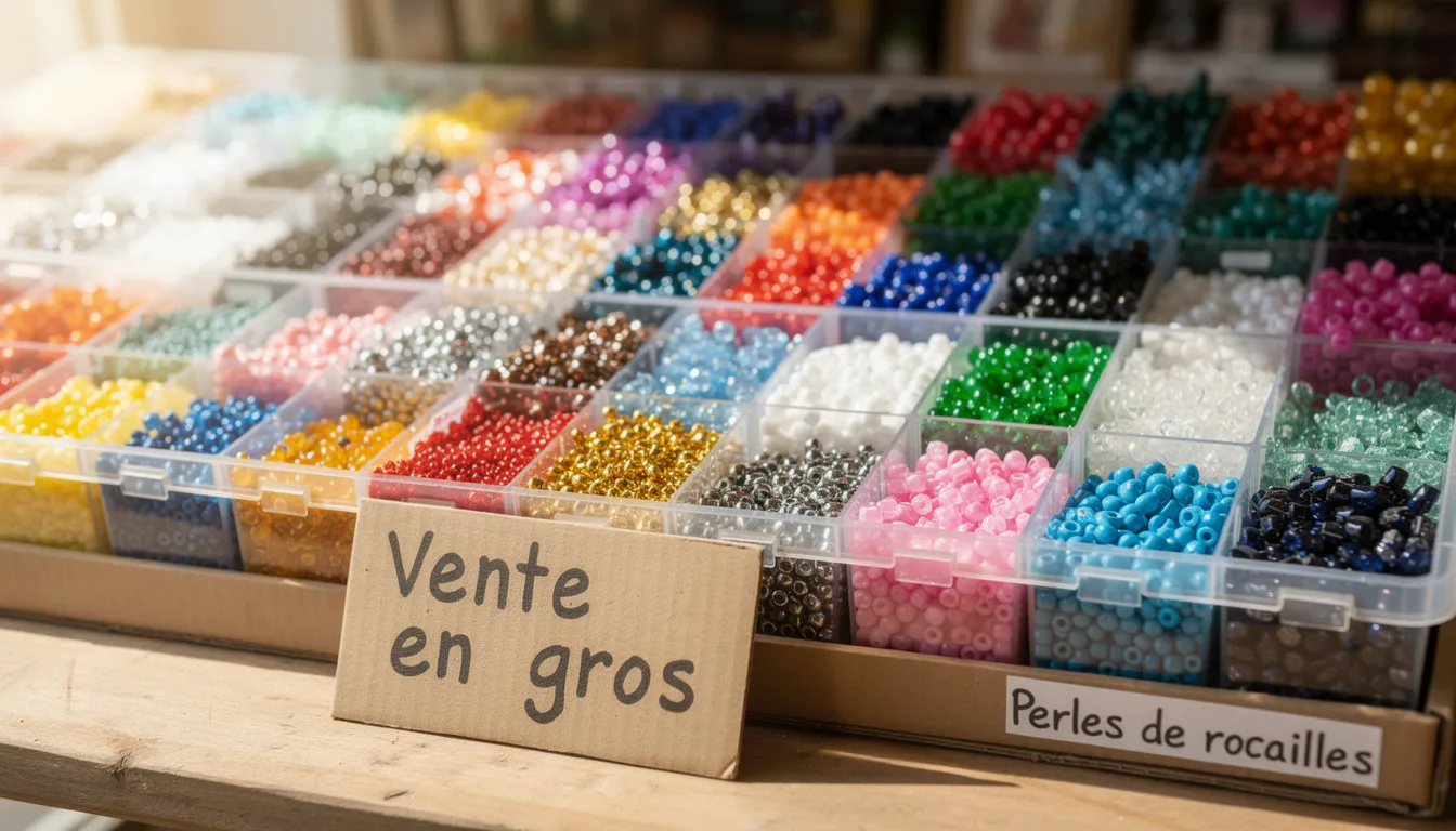 Une image mettant en avant une vaste collection de perles de rocailles colorées, idéales pour la création de bijoux fantaisie. On y voit également des accessoires comme des breloques et des pendentifs, tous présentés dans une boutique dédiée aux passionnés de DIY et de création de bijoux.