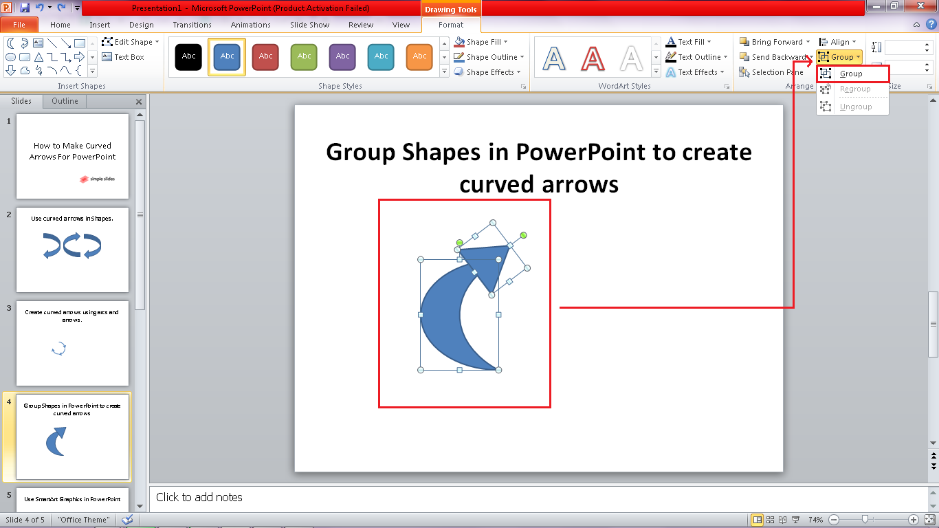 Select the two different shapes in your presentation, navigate and select format shape, click "group" to group the shapes.