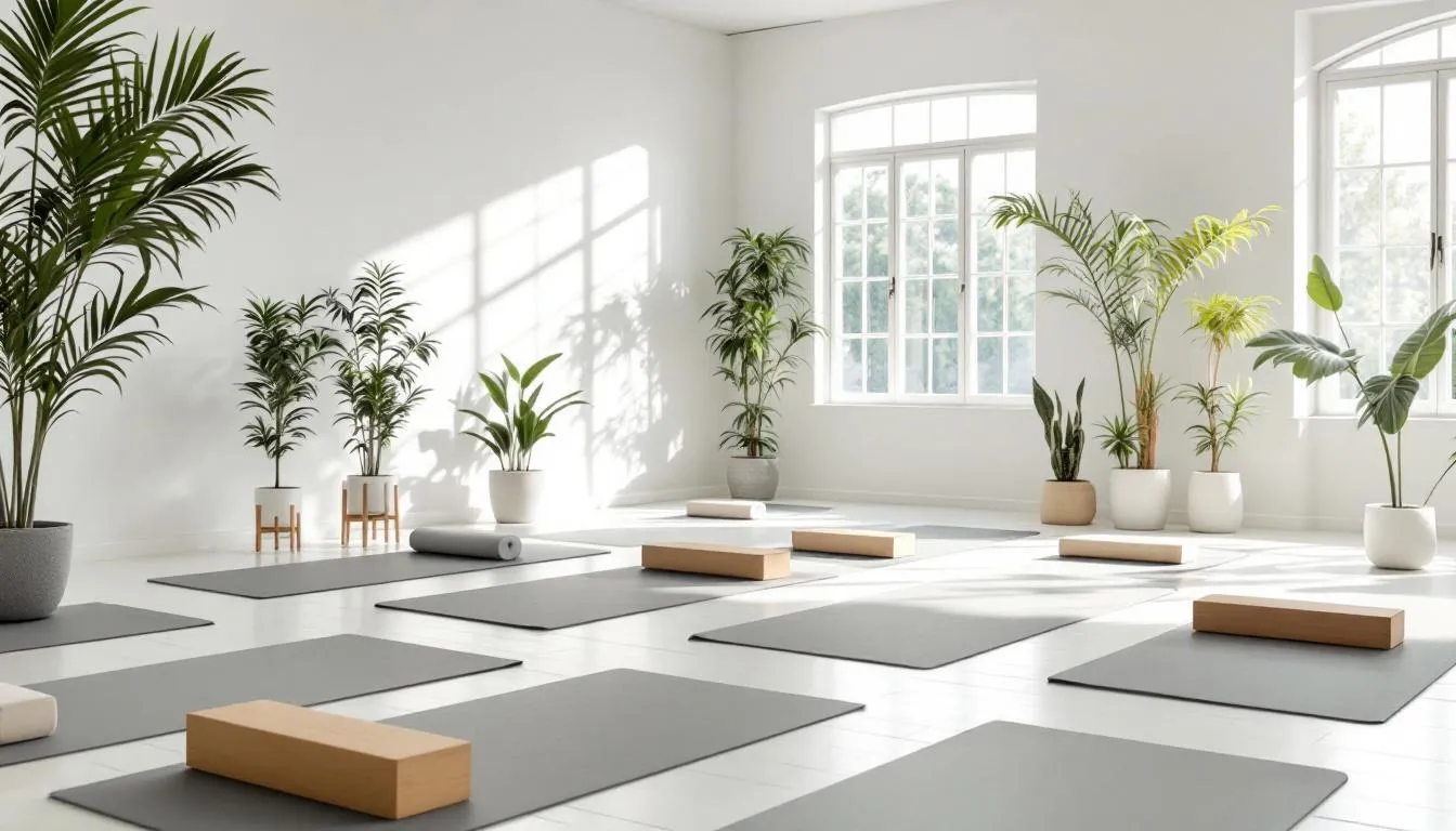 A serene hotel yoga studio bathed in natural light features neatly arranged exercise mats, creating an inviting space for health and wellness travelers seeking relaxation and rejuvenation. This peaceful environment caters to various hotel guest types, including leisure travelers and business travelers looking to unwind during their stay.