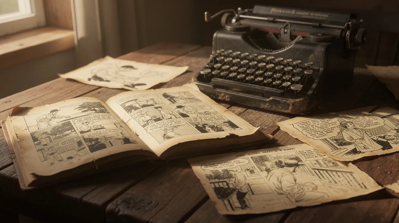 Ein aufgeschlagenes altes Comicheft mit Geschichten über Batman und Robin liegt auf einem Holztisch, umgeben von einer klassischen Schreibmaschine und Tuschezeichnungen im Vintage-Stil, die an die frühen Abenteuer von Bruce Wayne in Gotham City erinnern. Die Atmosphäre vermittelt das Gefühl, in die Welt der DC Comics und ihrer ikonischen Figuren einzutauchen.