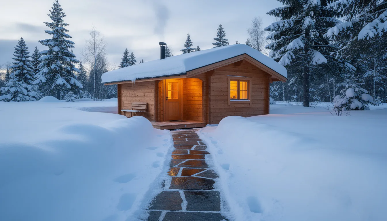 A cozy outdoor wooden sauna cabin sits surrounded by snow, with its roof blanketed in white and a cleared pathway leading to the sauna door. The wood surface of the cabin suggests a traditional sauna experience, ideal for relaxation and health benefits during winter sessions.