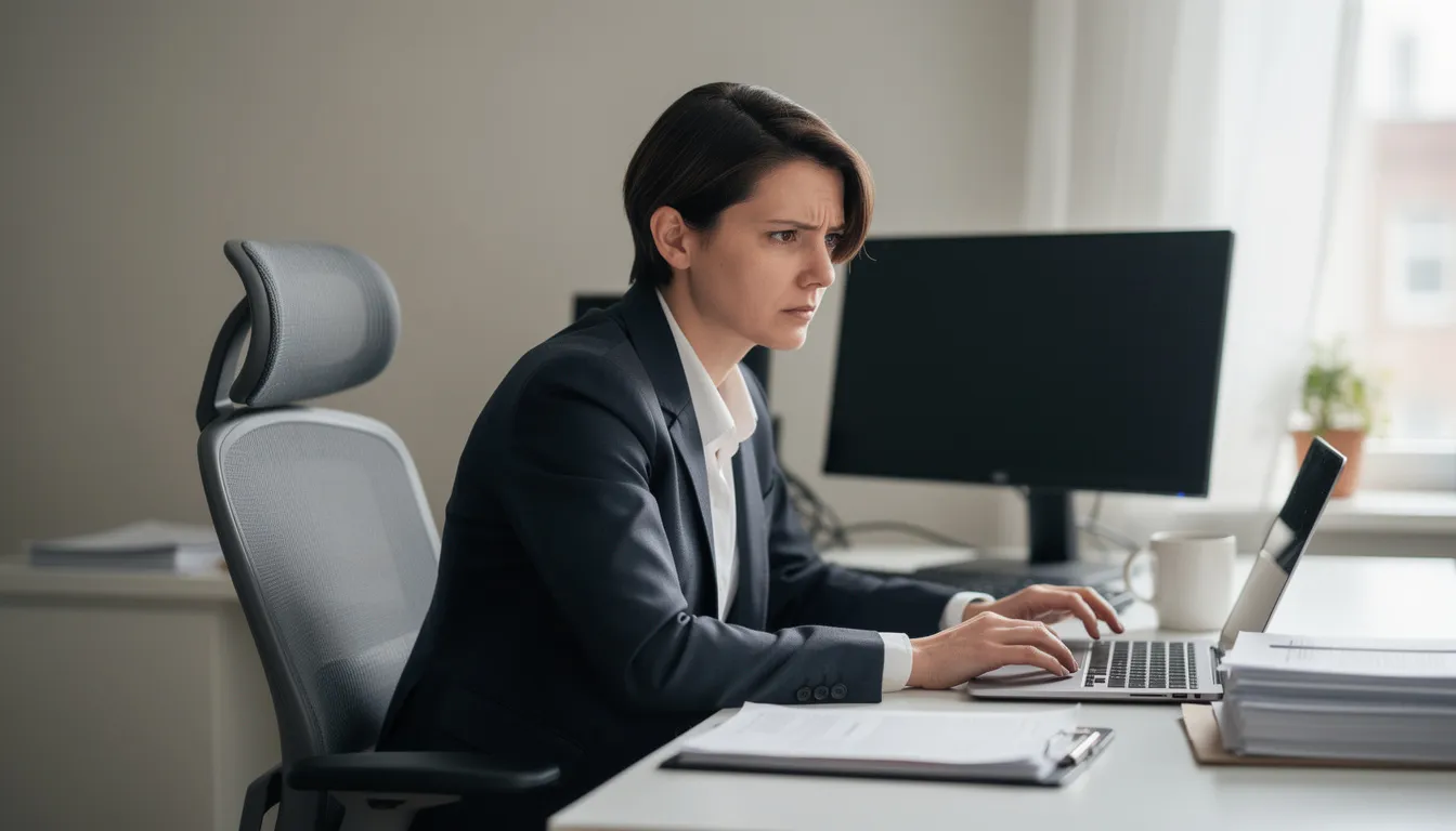 A person in professional attire sits at a desk, exuding a composed demeanor despite their tired eyes and tense shoulders, reflecting the emotional exhaustion often associated with mental health struggles. This image captures the constant effort required to engage in masking behaviors, as they navigate societal expectations while concealing their true feelings.