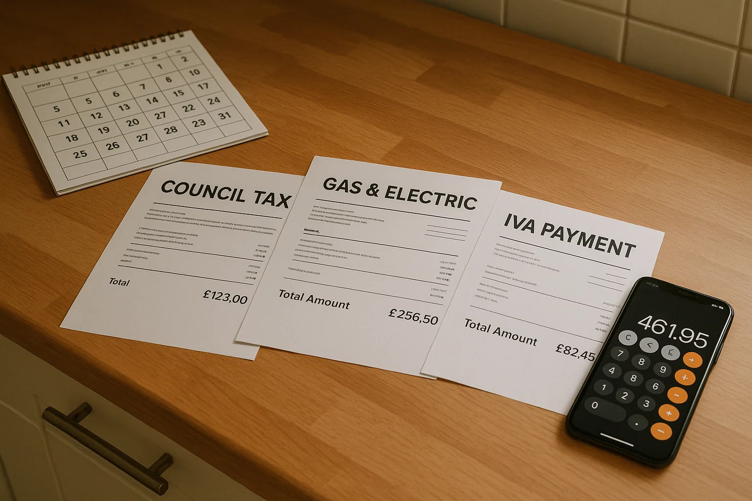 UK bills and IVA payment plan on a kitchen table with calculator.