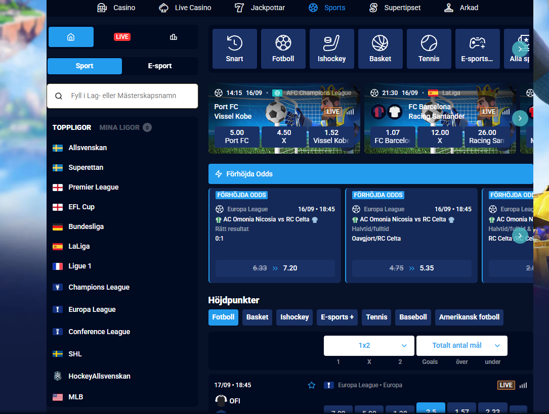 Betting hos Kungaslottet med liveodds och spel på bland annat fotboll, ishockey, basket, tennis och e-sport.