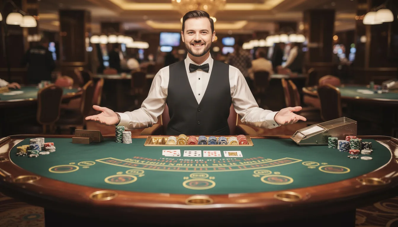 En professionell casinodealer står vid ett grönt blackjackbord, omgiven av kort och pokerchips. Denna bild visar en del av spelupplevelsen på ett casino, där spelare kan njuta av olika spel som blackjack och roulette.