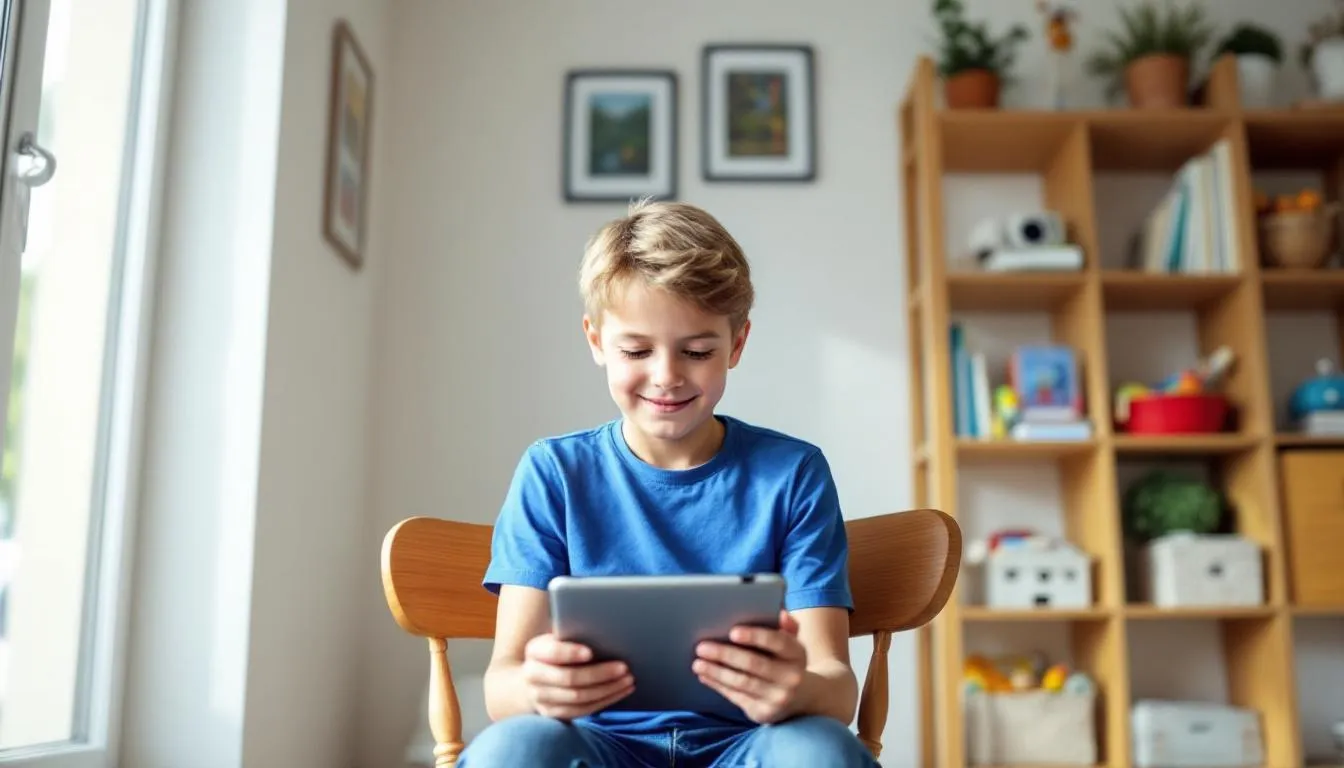 Ein Kind sitzt an einem Tisch und benutzt eine Tablet, um zu lernen. Die Szene zeigt, wie moderne Technologie, wie künstliche Intelligenz und KI-Tools, im Schulalltag von Schülerinnen und Schülern eingesetzt werden.