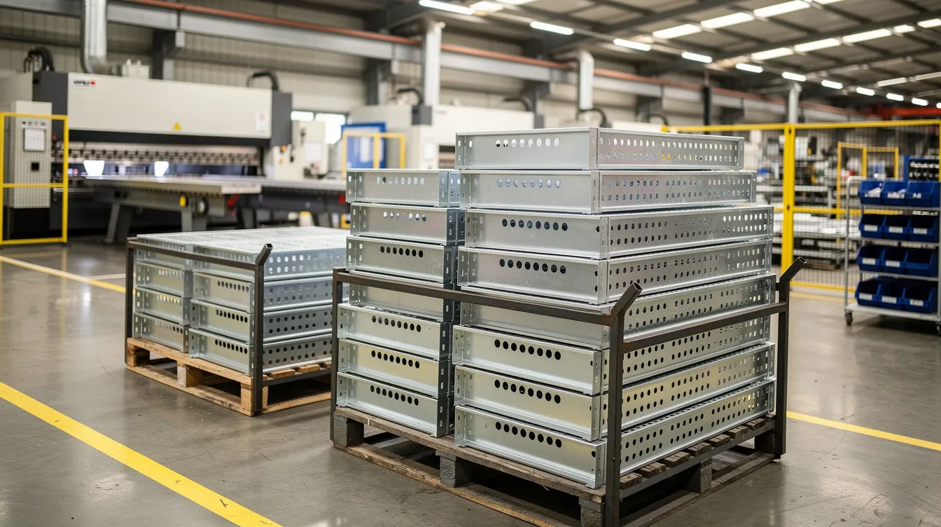 The image depicts stacked sheet metal enclosures and chassis parts within an industrial manufacturing facility, showcasing various sheet metal parts ready for the fabrication process. The scene highlights the organization and preparation of materials essential for high volume production runs in the manufacturing of durable components.