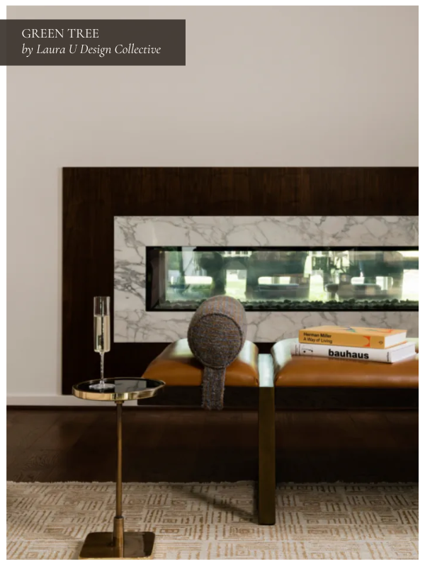 a horizontal fireplace with brown and orange detailing surrounding it