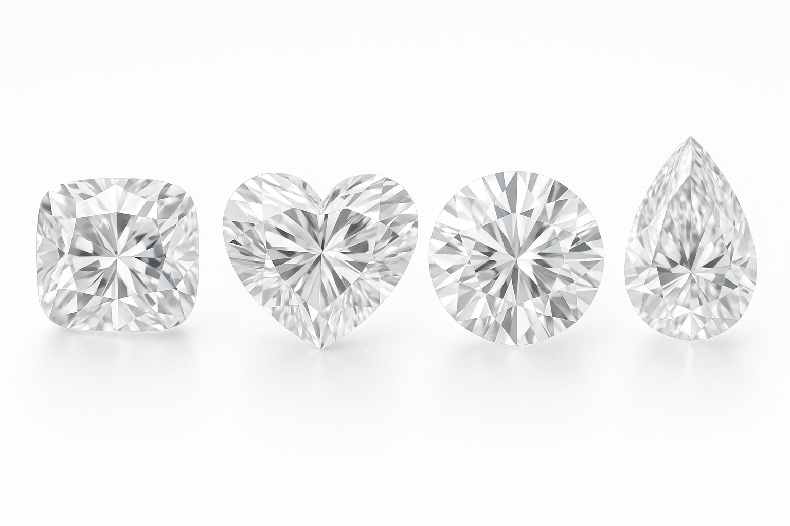 Keturi skirtingų formų deimantai – pagalvėlės (cushion), širdelės (heart), apvalus (round brilliant) ir kriaušės (pear) pjūvio – išdėstyti vienoje eilėje ant balto fono, aiškiai matomos pjūvio briaunos