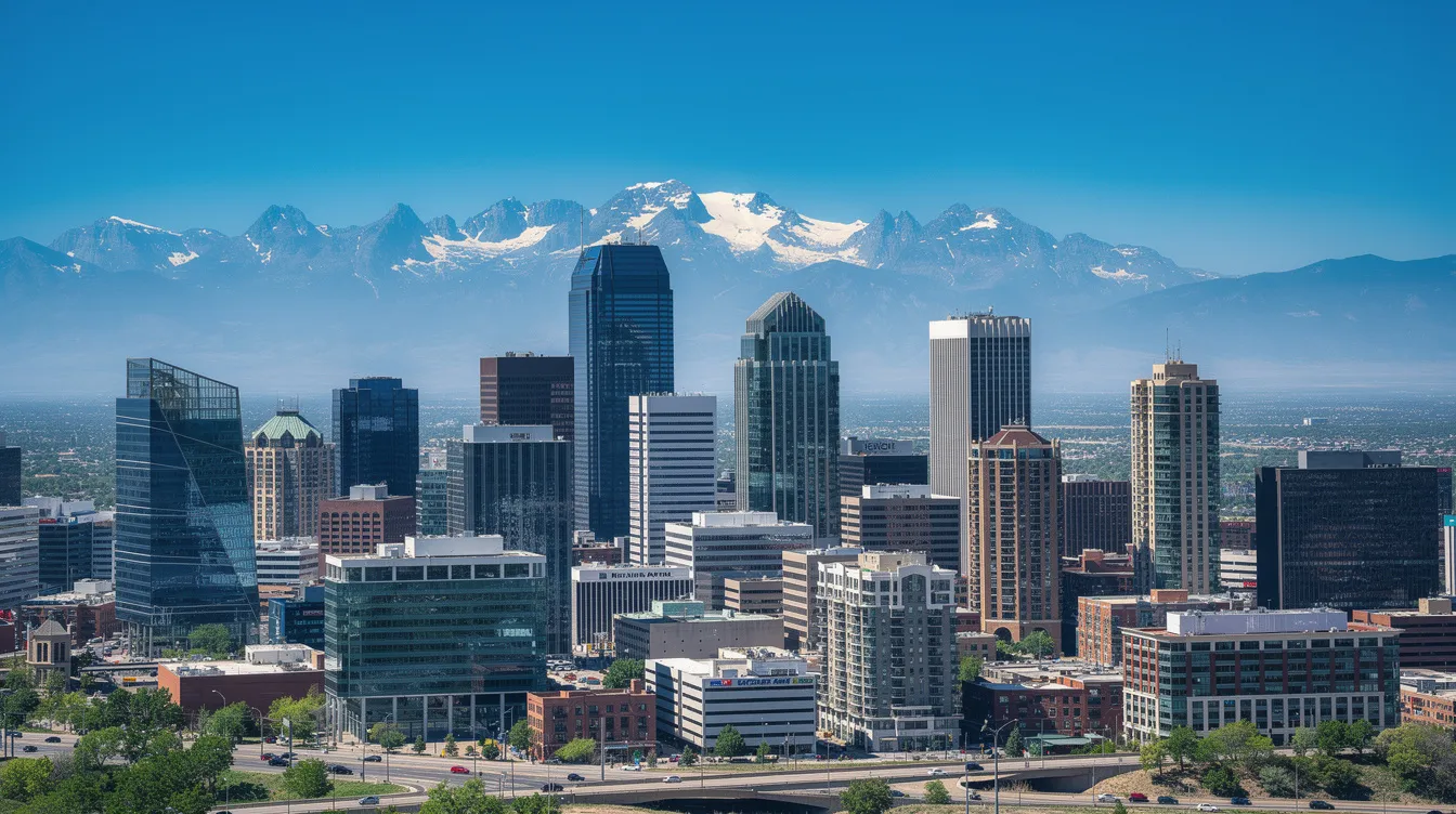 The image depicts the Denver city skyline against the backdrop of the majestic Rocky Mountains on a clear day, showcasing the vibrant energy sector that thrives in the area. This scene highlights the dynamic relationship between urban development and natural resources, reflecting the interests of energy companies and clients in the oil and gas industry.