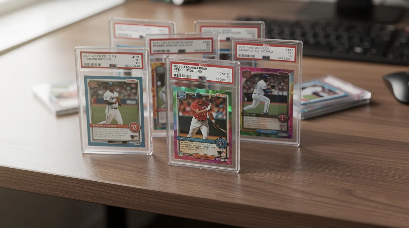 The image features graded sports cards neatly arranged in protective cases on a desk, showcasing valuable assets that may be part of an estate plan. This collection could represent a hobby or investment, highlighting the importance of managing personal wealth and future financial planning.