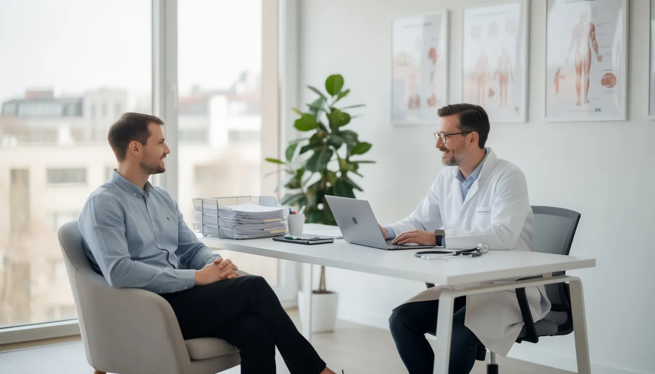 Ein Arzt und ein Patient sitzen in einer modernen Praxis und führen ein Gespräch über die Anwendung von medizinischem Cannabis zur Behandlung von Symptomen wie Schmerzen und Übelkeit. Der Arzt informiert den Patienten über die verschiedenen Cannabisarzneimittel und die Möglichkeiten, diese auf Rezept zu erhalten.