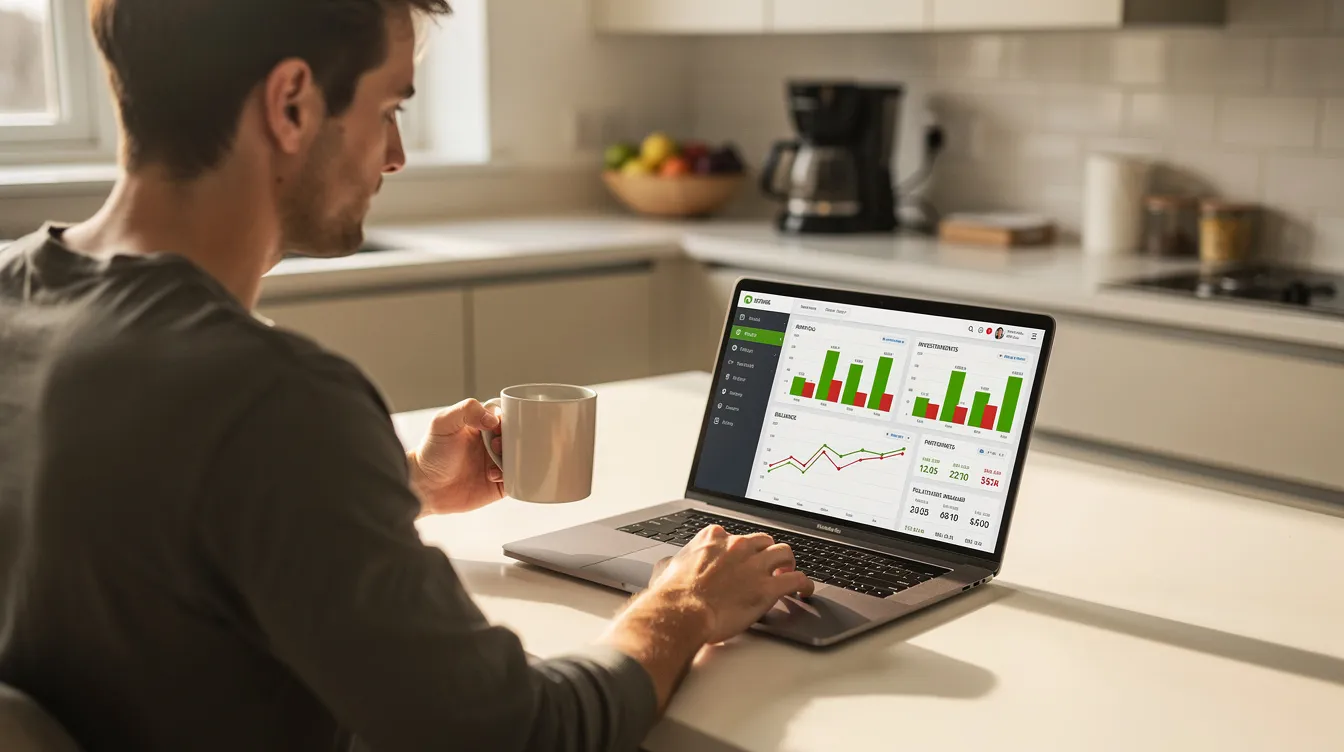 A person is seated at a kitchen table, focused on a laptop screen displaying financial information related to transferring money abroad. The scene suggests a review of costs and fees associated with sending money, possibly using services like Wise to manage international transactions.