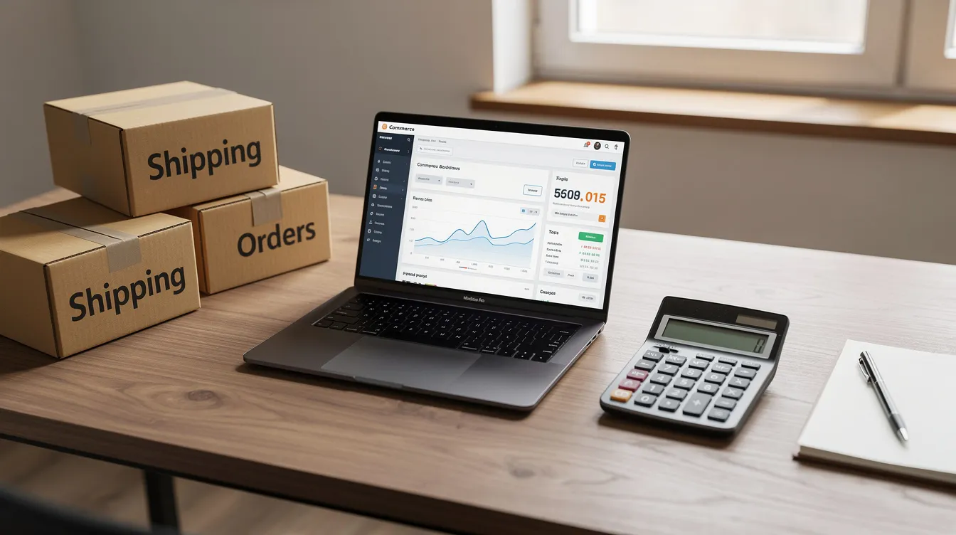 The image shows a calculator, a laptop, and several shipping boxes arranged on a desk, indicating a workspace focused on ecommerce valuation planning for an Amazon FBA business. This setup suggests preparation for assessing a seller central account or strategizing for potential buyers interested in a profitable online business.