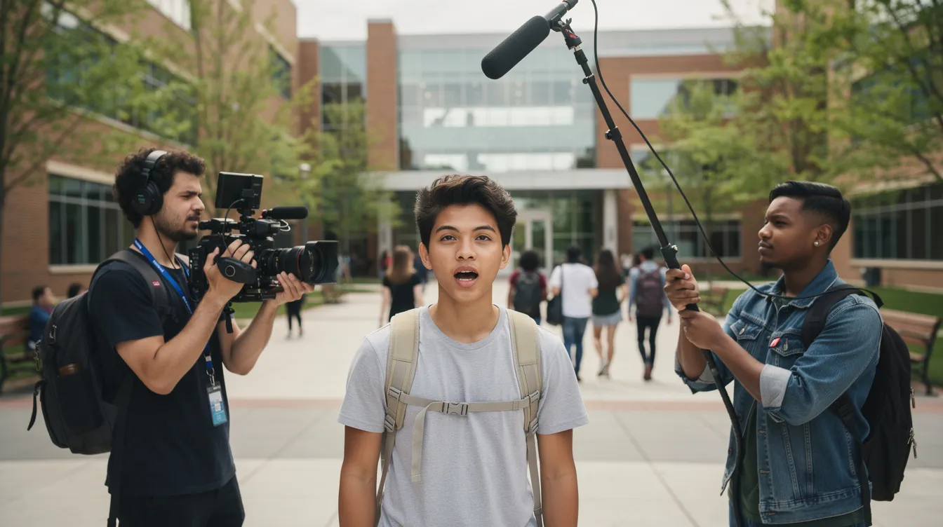 Eine Gruppe von Studierenden steht auf einem Universitätsgelände, während eine Person eine Kamera hält und eine andere mit einer Tonangel und einem Mikrofon für die Videoaufnahme bereit ist. Eine dritte Person spricht in die Kamera, um die Qualität der Aufnahme und der Sprache zu gewährleisten.