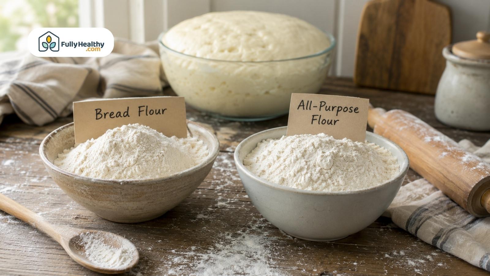 Bread flour and all-purpose flour bowls beside rising dough and rolling pin
