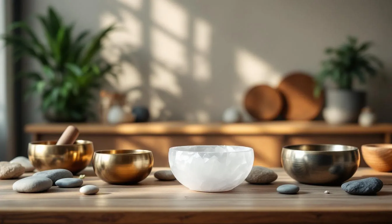 Various sound bowls suitable for sauna use on display.