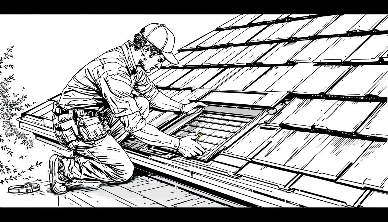 A professional roofing contractor assessing roof flashing for repair services.