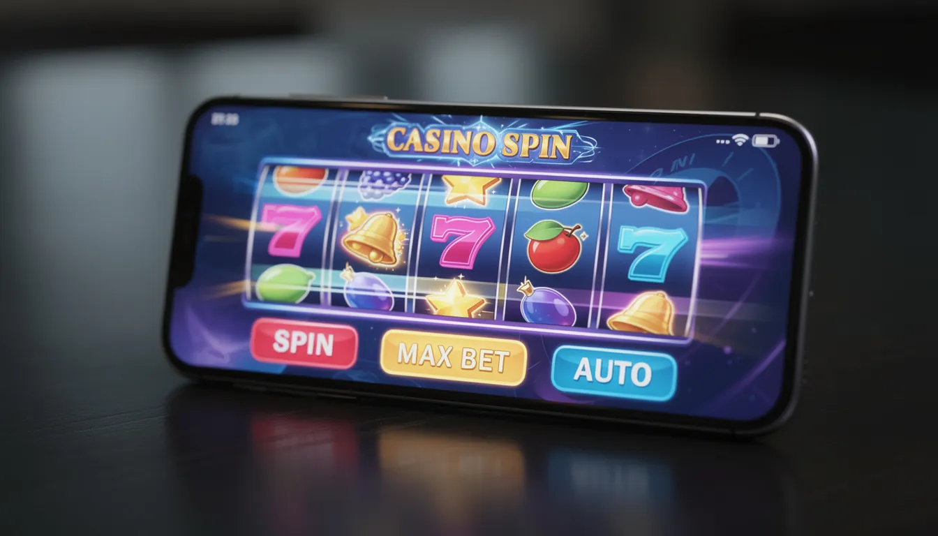 En smartphone visar ett färgglatt casinospel med snurrande hjul och olika symboler, vilket ger en känsla av spänning och underhållning i ett online casino. Skärmen är livlig med ljusa färger som representerar slots och gaming-upplevelser.