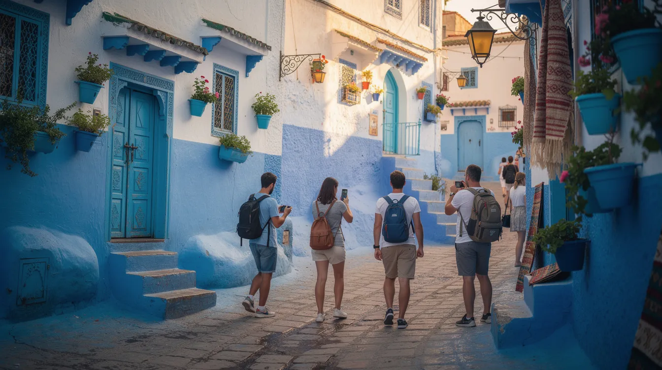 A imagem mostra as ruas azuis de Chefchaouen, com viajantes caminhando entre casas tradicionais que refletem a cultura marroquina. As passagens estreitas e coloridas criam um ambiente encantador, típico deste destino no norte da África.
