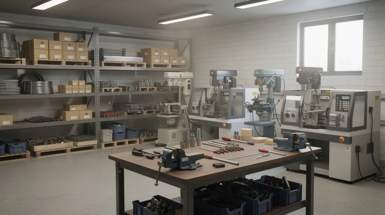 2da6857e e42d 486b b56f 0c67353d1317 The image depicts a small workshop or manufacturing unit filled with various machinery and raw materials neatly organized on shelves. This setting is ideal for conducting project finance assessments, including cash flow statements and working capital evaluations necessary for a mudra loan project.