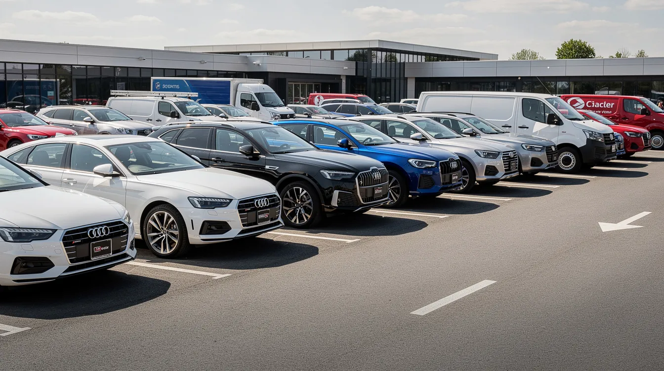 L'image montre une flotte diversifiée de voitures, comprenant des berlines, des SUV et des utilitaires, garées dans un parking moderne. Cet espace bien organisé illustre l'importance de la gestion locative efficace pour les propriétaires bailleurs et les locataires, offrant un environnement sécurisé et pratique.