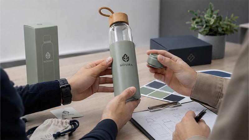 Sample review for custom water bottles with bamboo lid, silicone sleeve, logo effect, color match, and packaging