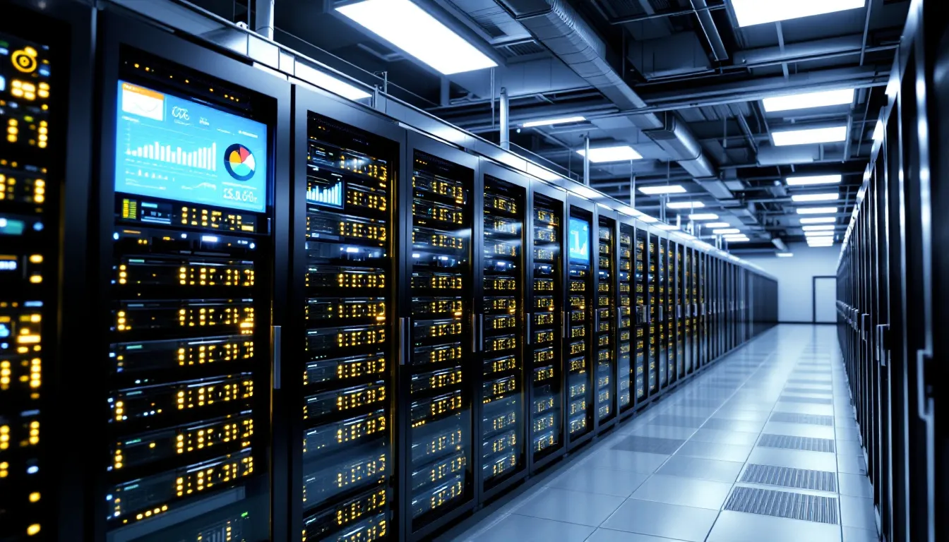 A modern data center featuring rows of servers and large analytics dashboards displaying performance metrics and real-time analytics. This collaborative environment supports data scientists and data engineers in tasks such as data processing, machine learning model training, and data transformations, leveraging a unified analytics platform like Databricks on AWS.