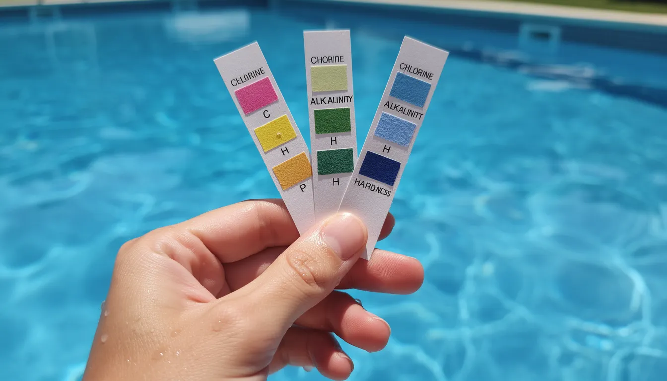 A hand is holding pool water test strips that display various color readings, indicating different chemical parameters essential for maintaining proper pool chemistry. This visual aids pool owners in assessing their swimming pool's water balance, including pH levels, calcium hardness, and chlorine levels to ensure a safe and enjoyable swimming experience.
