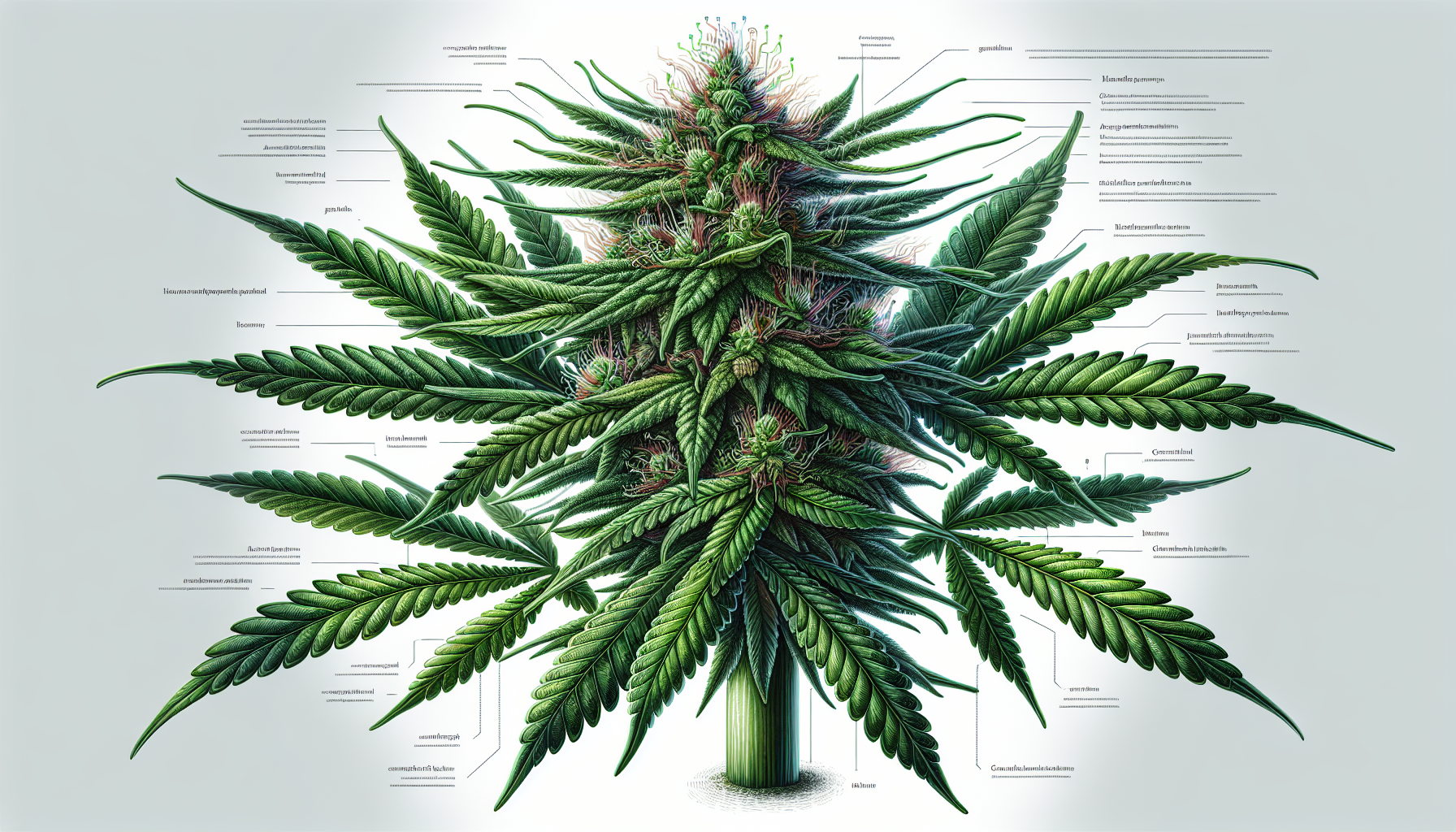 An illustration of a cannabis plant depicting its various parts.