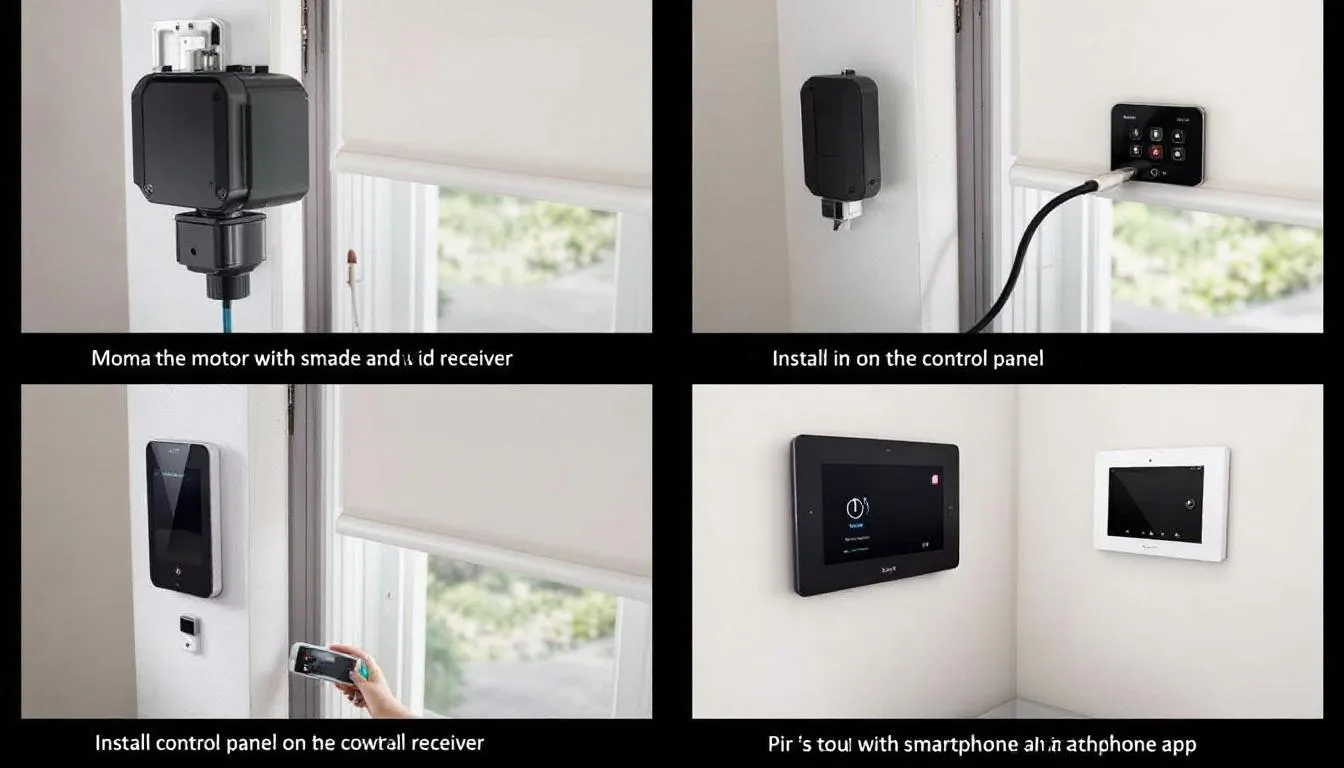 In the image, a detailed step-by-step installation process for a smart shade motor and its controls is depicted, showcasing various smart home devices and accessories. The installation guide emphasizes compatibility with platforms like Apple HomeKit and Google Home, allowing users to integrate their smart blinds seamlessly into their smart home ecosystem.