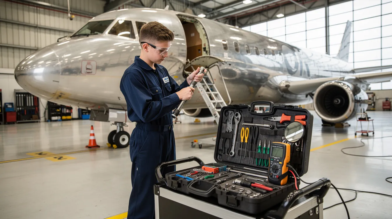 An apprentice is seen using various aircraft maintenance tools inside a hangar, engaging in hands-on training as part of an aviation maintenance apprenticeship program. This experience is crucial for developing skills required for a career as a maintenance technician in the aviation industry.
