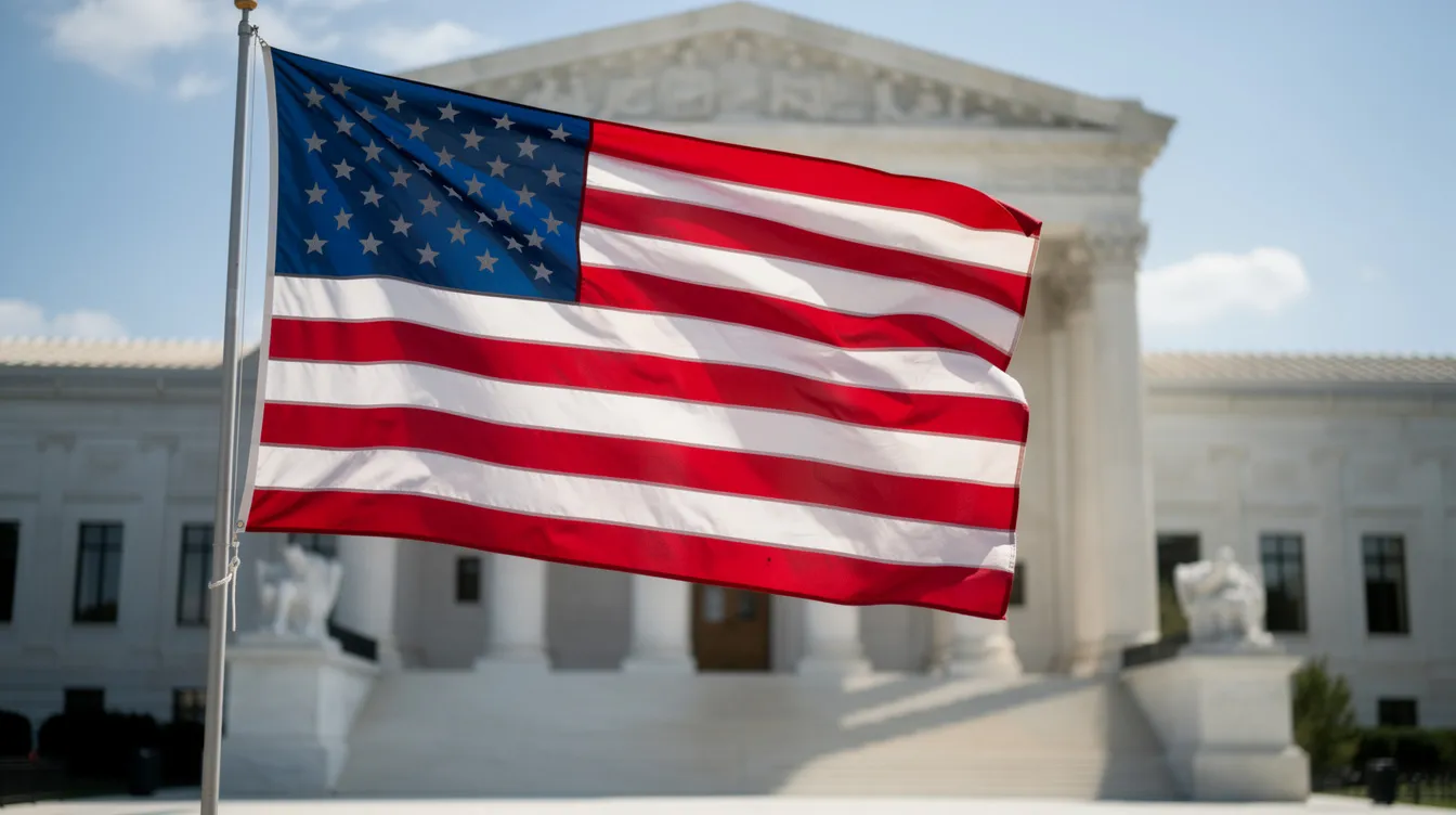 An American flag waves proudly in front of a grand government building adorned with tall columns, symbolizing the nation's values and laws. This scene reflects the importance of citizenship and the various processes involved in visa applications and permanent residency in America.