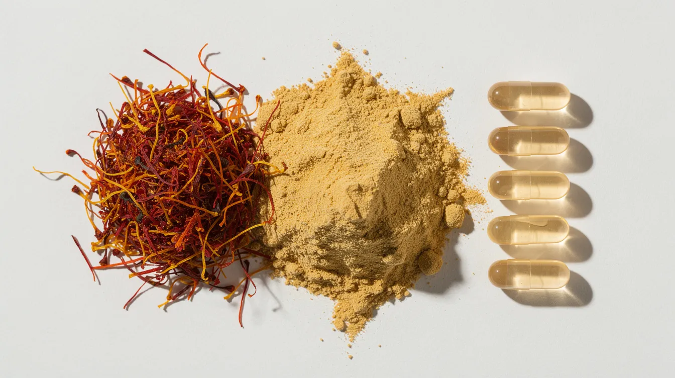 The image features vibrant saffron threads and fine maca root powder, artfully arranged alongside supplement capsules. These natural ingredients are often associated with boosting libido and enhancing sexual health, potentially aiding in increased blood flow and overall sexual satisfaction.