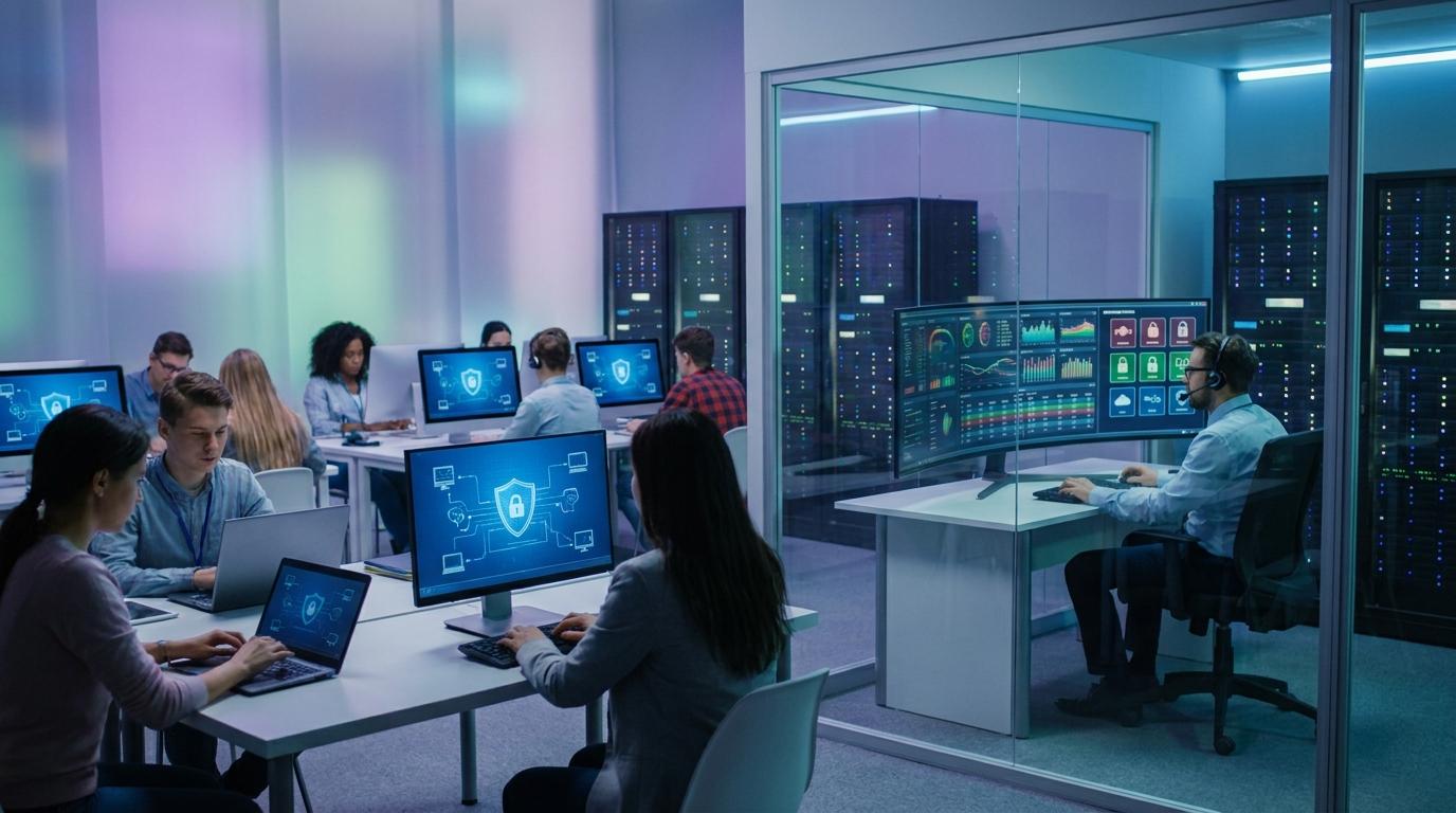 Cybersecurity-focused virtual learning ecosystem with students accessing secure cloud labs from different devices while administrators manage permissions and monitor activity through intuitive dashboards.