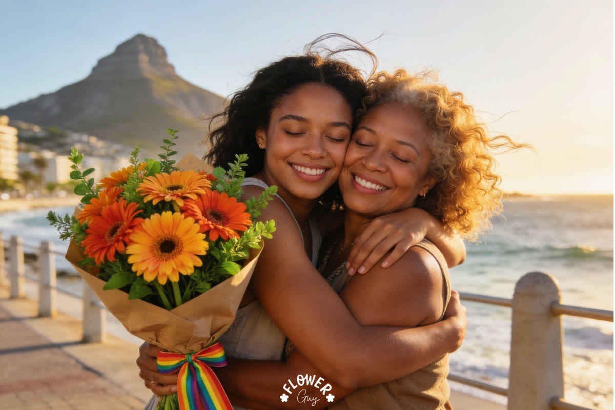 Mixed-heritage South African daughter embracing her mother on the Sea Point promenade with Lion's Head mountain behind them, holding a bouquet of orange gerbera daisies with a rainbow ribbon