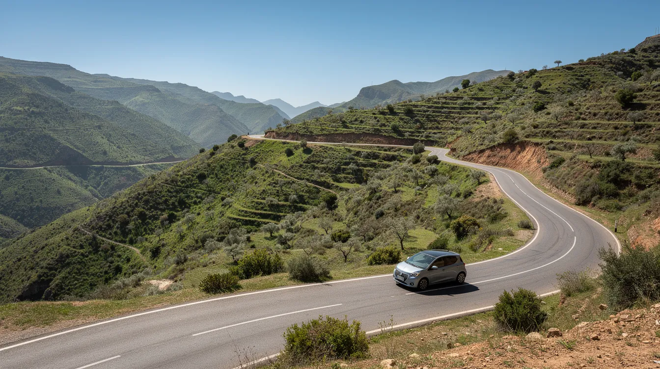 Una carretera sinuosa entre las montañas verdes del Rif con un pequeño coche.