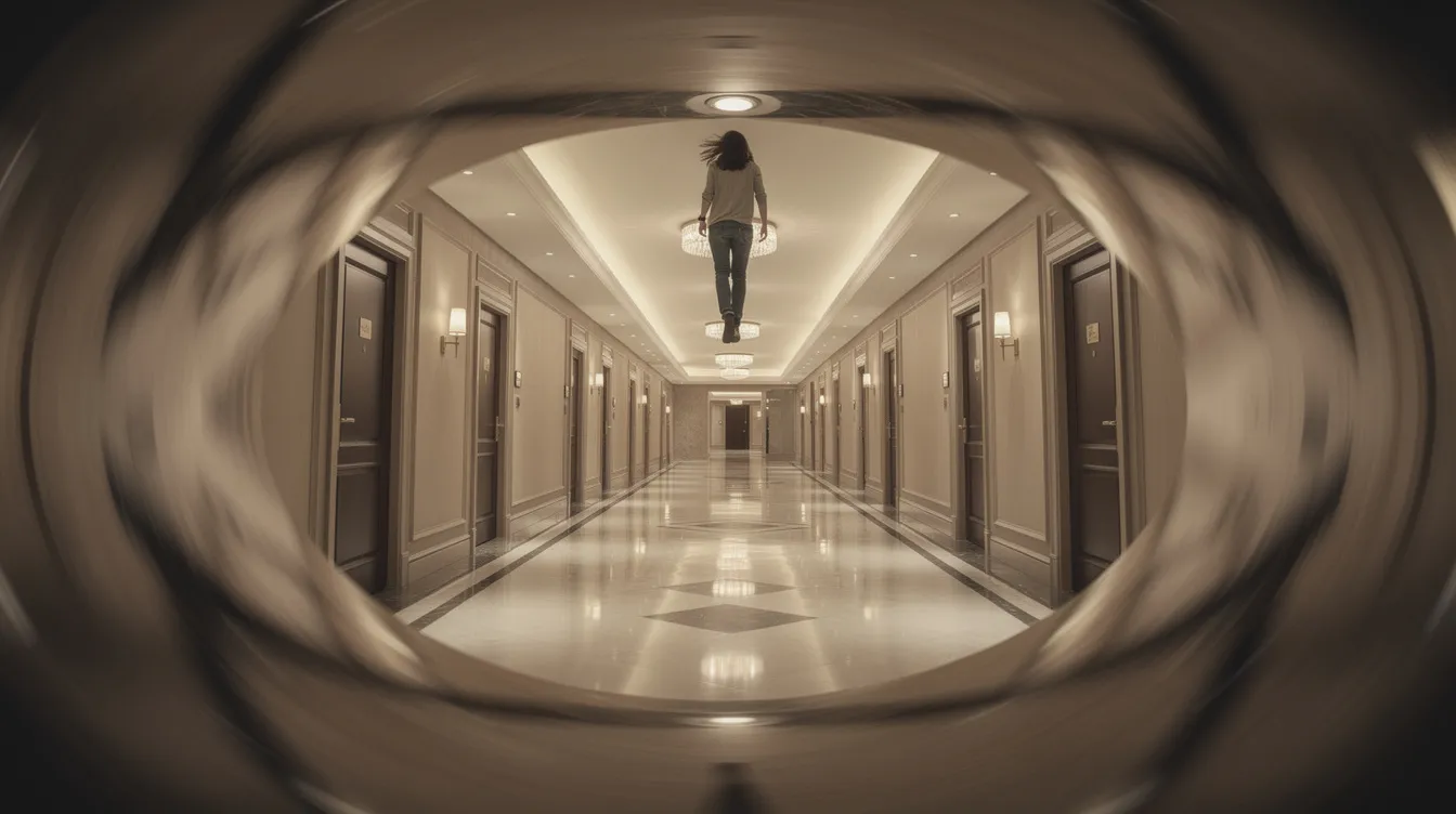 Das Bild zeigt einen langen Hotelflur mit symmetrischer Beleuchtung, der sich um seine eigene Achse dreht, während eine Person an der Decke läuft. Diese surrealistische Szene erinnert an die Traumwelt aus dem Science-Fiction-Film "Inception", in dem die Kontrolle über die Realität ein zentrales Konzept ist.
